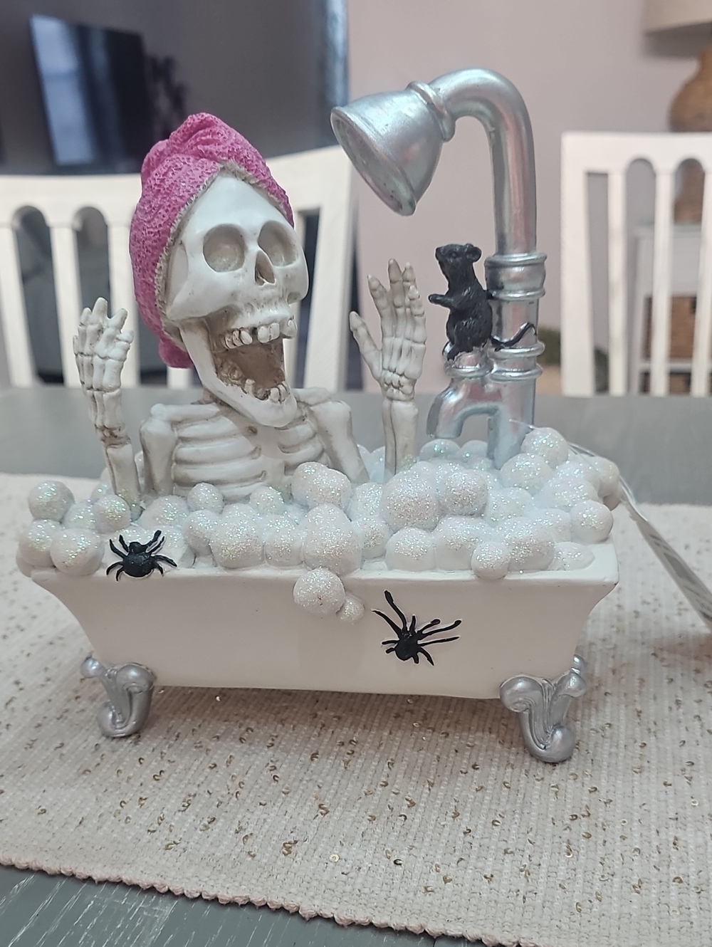 Summerween Halloween Decorative Skeleton in Bubble Bathtub Figurine Pink Towel
